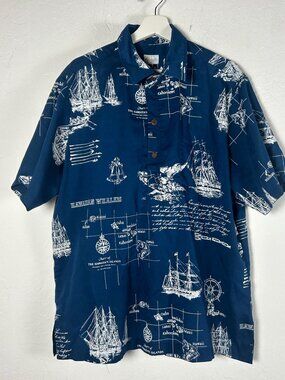 Vintage Apili Hawaiian Shirt Men's Blue Island Map Short Sleeve Button Up Casual